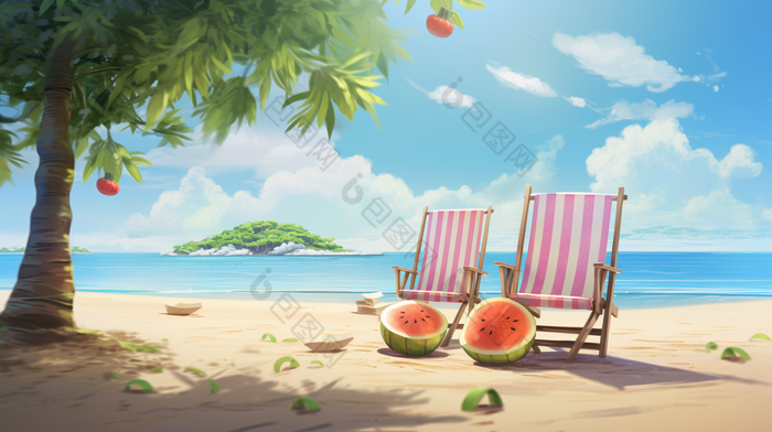 夏日缤纷沙滩躺椅水果插画