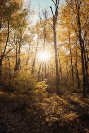 秋季森林阳光竖图斜射树叶