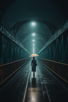 雨天大桥撑伞背影摄影图16