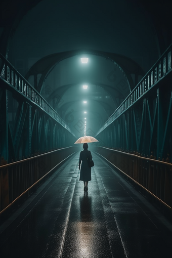 雨天大桥撑伞背影远离孤独