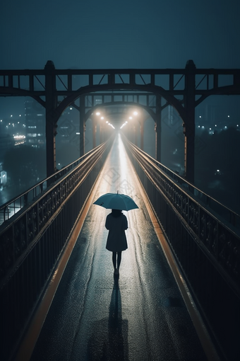 雨天大桥撑伞背影远离夜晚