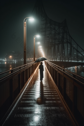 雨天大桥撑伞背影雨季远离