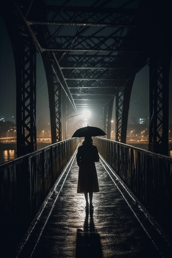 雨天大桥撑伞背影远离黄昏