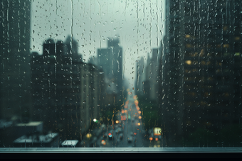 窗外的雨天城市朦胧玻璃建筑