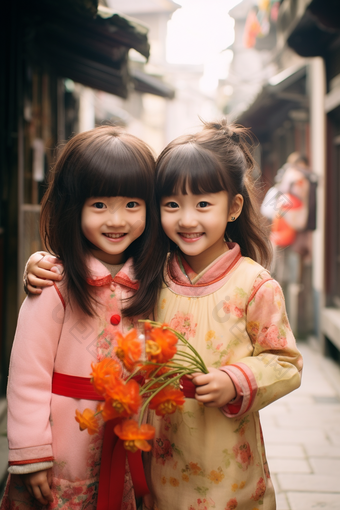 春节穿着新衣服的孩子可爱户外
