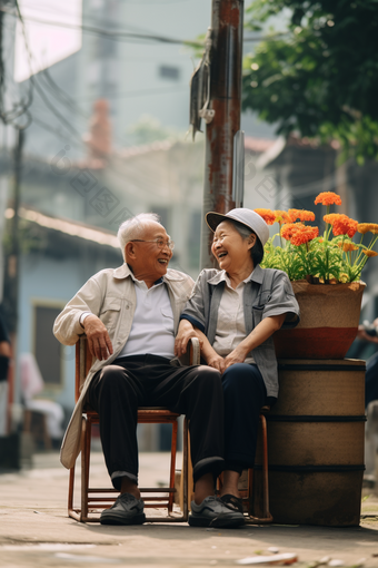 坐在街上的老夫妻奶奶长辈