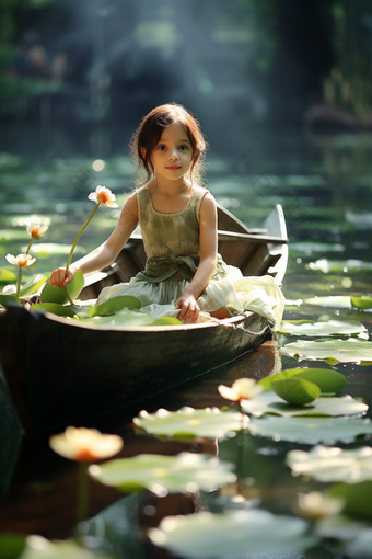 坐在小船上的女孩可爱微笑