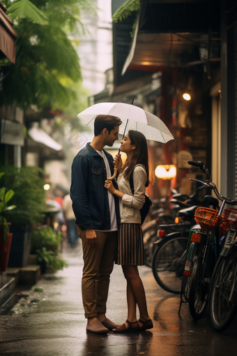 下雨天打伞的情侣道路水滴