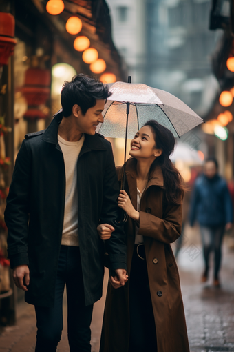 下雨天打伞的情侣雨滴水滴