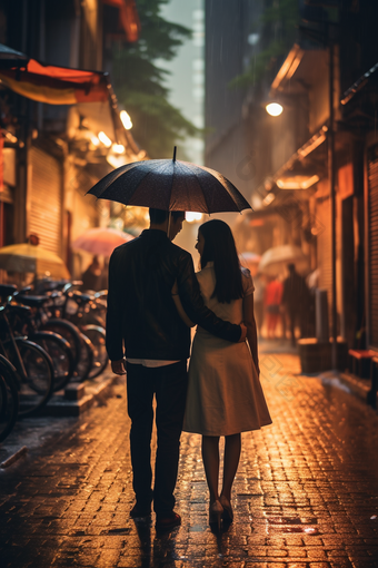 下雨天打伞的情侣阴天雨景