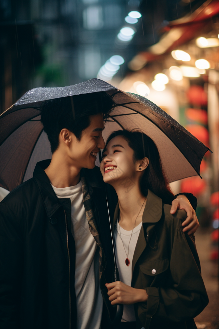 下雨天打伞的情侣雨滴道路