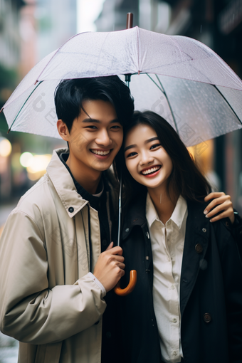 下雨天打伞的情侣雨滴暧昧