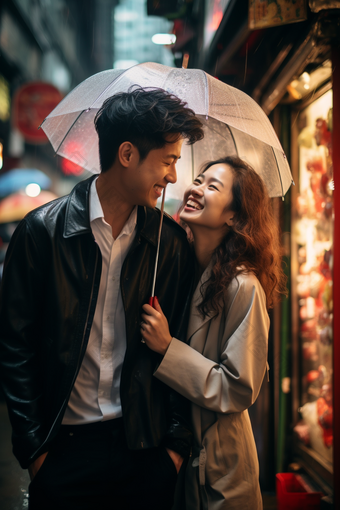 下雨天打伞的情侣道路温馨
