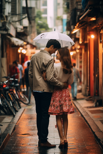 下雨天打伞的情侣道路阴天