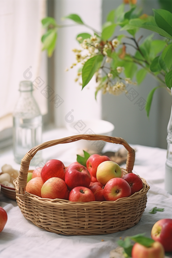 竹筐里的<strong>苹果</strong>水果餐桌