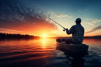 夕阳下在小船中钓鱼男人渔具