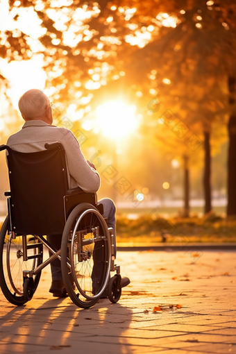 坐在轮椅上看夕阳的老人侧影感慨