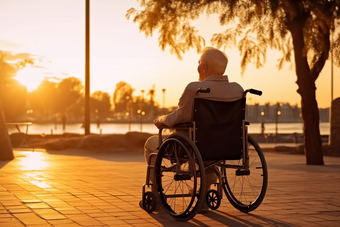 坐在轮椅上看夕阳的老人侧影商业摄影
