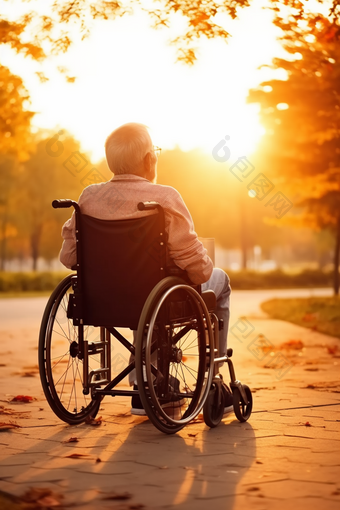 坐在轮椅上看夕阳的老人侧影树木