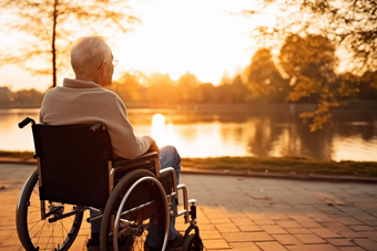 坐在轮椅上看夕阳的老人公园小湖
