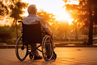 坐在轮椅上看夕阳的老人侧影落日余晖
