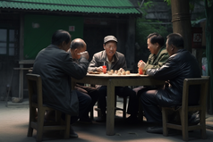 老人树荫下下棋喝茶摄影图1