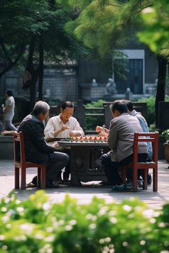 老人树荫下下棋喝茶摄影图16