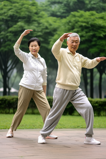 在养老院草地上健身的老人户外运动