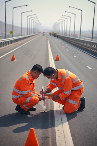 马路公路日常养护工人测量