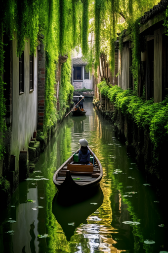 中国江南小镇乌篷船风景水乡