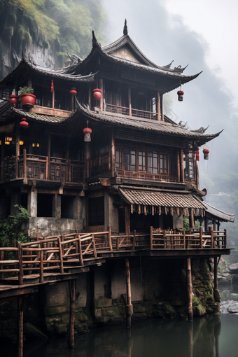 中国风少数民族吊脚楼民族建筑民俗文化