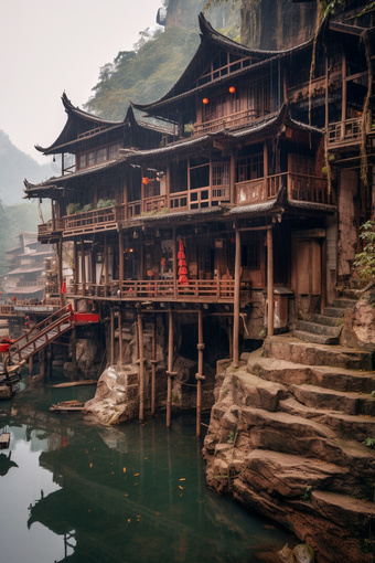 中国风少数民族吊脚楼传统建筑民俗文化