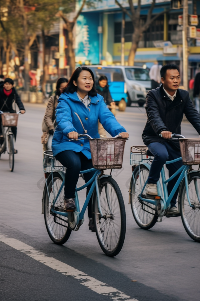 街道上骑共享单车骑行环保