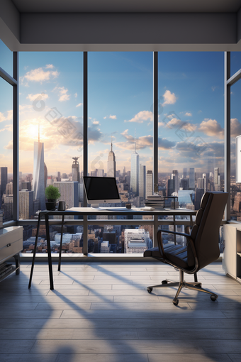 现代办公室空间全景视图城市轮廓办公环境