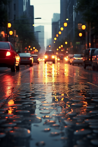 下雨朦胧的<strong>车行</strong>街道行驶路灯