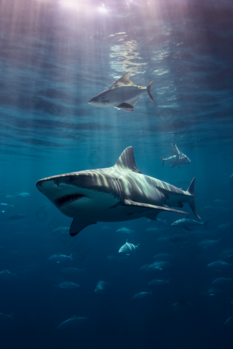 海洋中的鲨鱼群海洋食物链