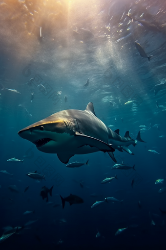 海洋中的鲨鱼群深海