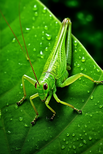 害虫特写在绿叶上的蝗虫摄影图