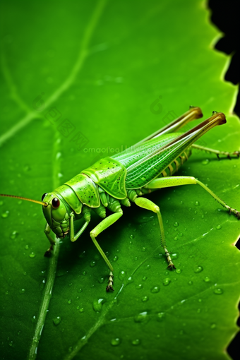害虫在绿叶上的蝗虫摄影图