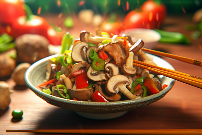 平菇厨师烹饪炒肉摄影图