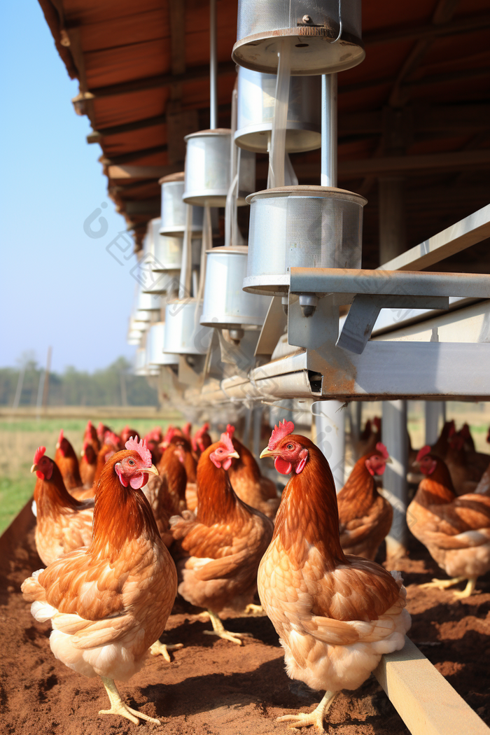培育小鸡在农场觅食摄影图
