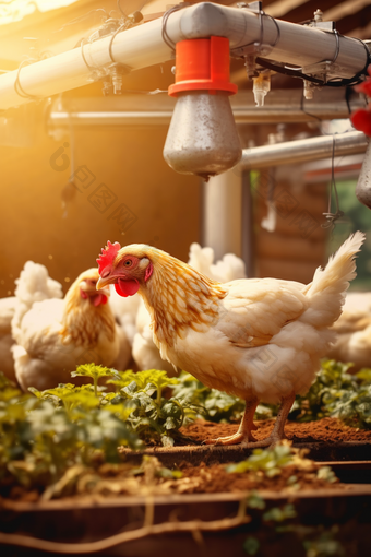 供应小鸡在农场觅食饲料摄影图