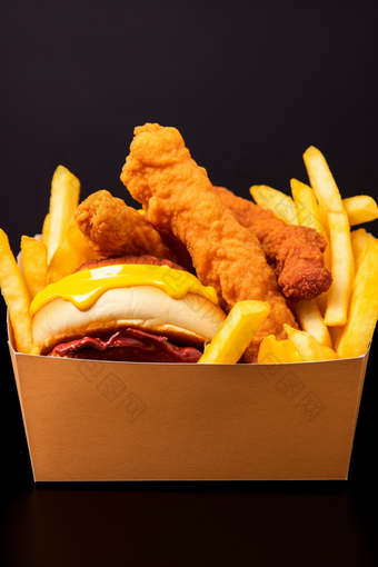 西式快餐餐饮美食薯条汉堡炸鸡油炸食品摄影图