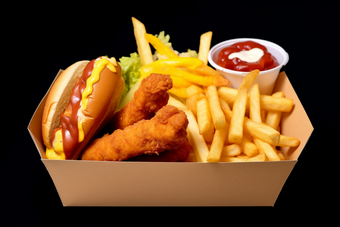 西式快餐餐饮美食薯条汉堡炸鸡食品摄影图