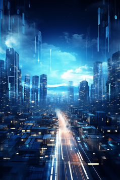 城市天际线科技蓝色元素摄影图