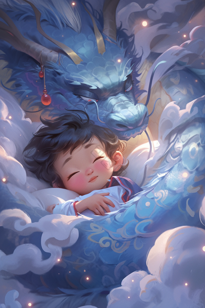 的宝宝睡在龙的怀抱梦境
