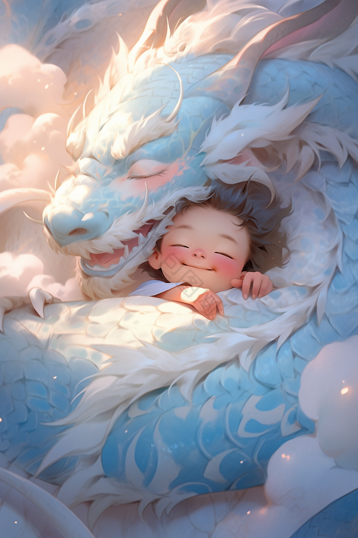 的宝宝睡在龙的怀抱