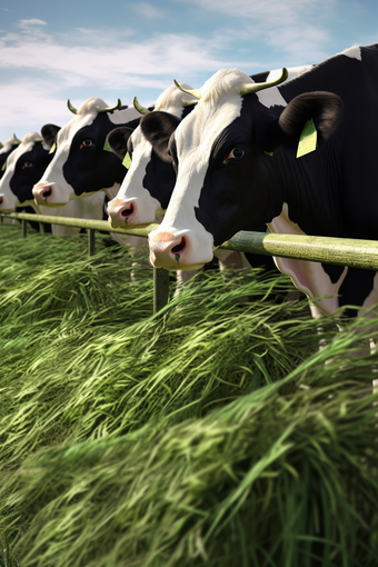 在养殖基地吃草的高品质<strong>奶牛</strong>摄影图