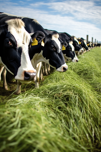 在现代化养殖基地吃草的培育高品质<strong>奶牛</strong>摄影图
