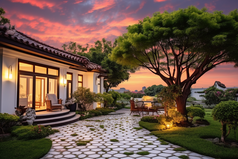 中国风格豪华别墅花园摄影图